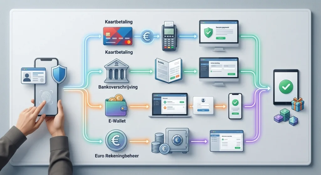 Illustratie van eurobetalingen via kaart, bank en e-wallet met verificatiestap