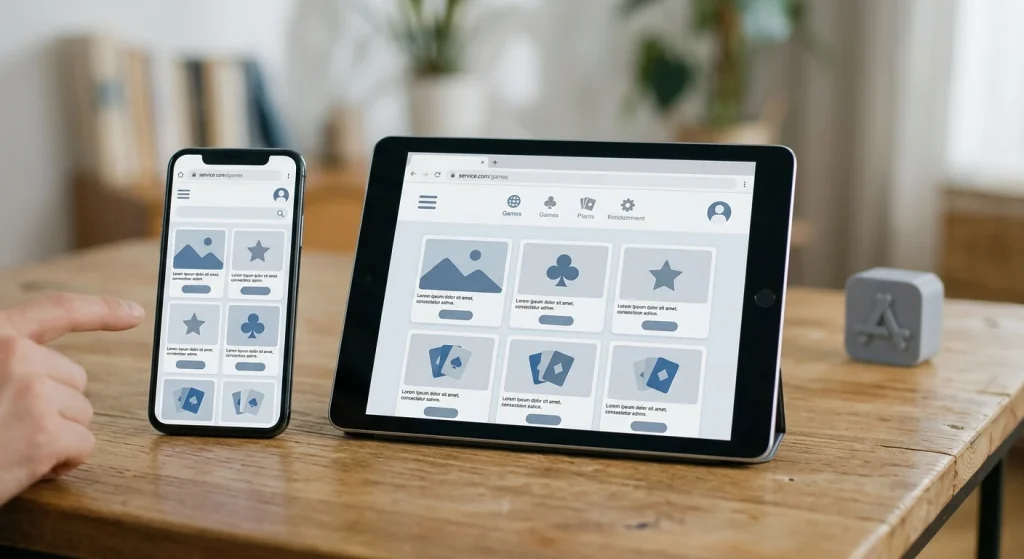 Illustratie van smartphone en tablet met generieke mobiele casinobrowser zonder logo of app-store badge