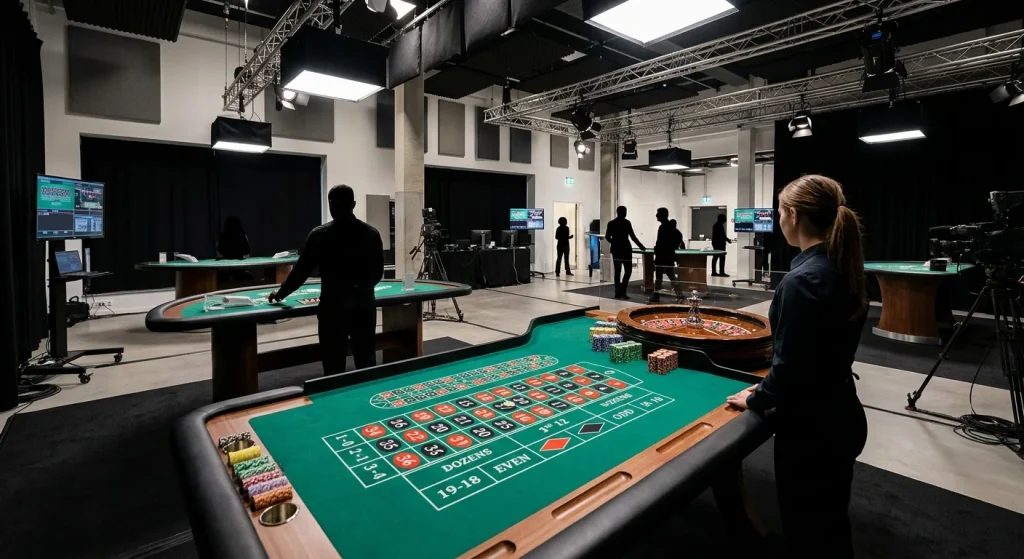 Neutrale illustratie van een live-casinostudio met roulette- en blackjacktafel zonder merklogo