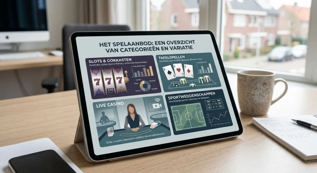 Neutrale illustratie van slots, tafelspellen, live dealer en sport als spelcategorieën