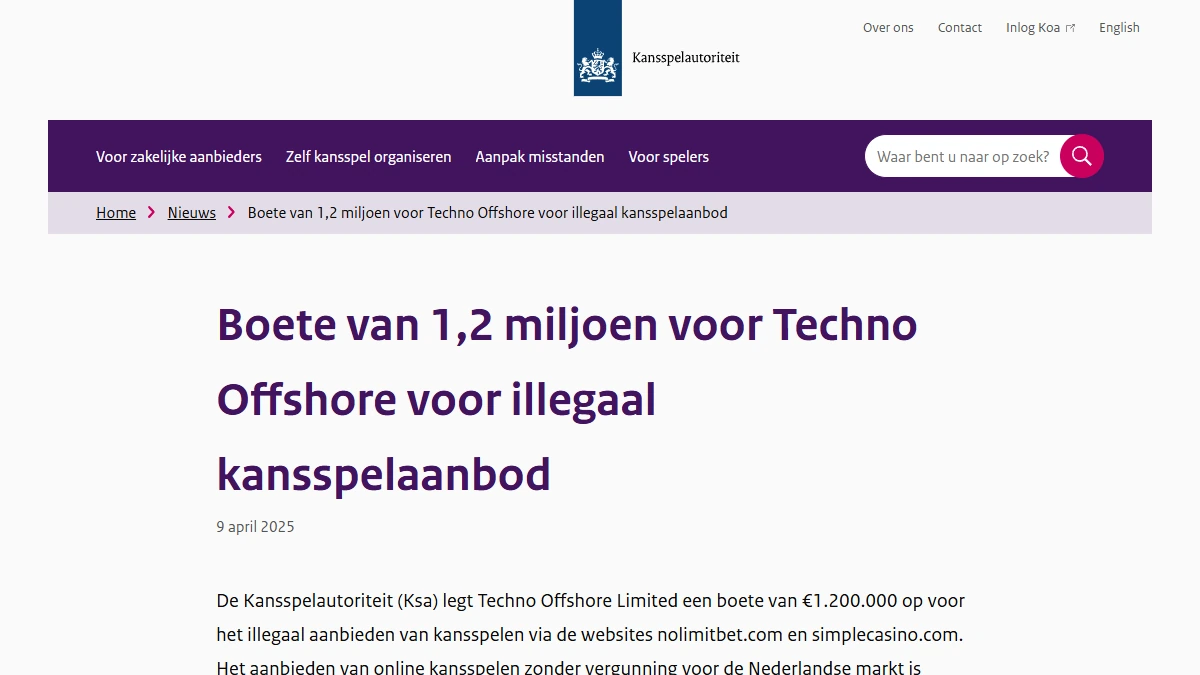 Officiële KSA-publicatie over de boete voor Techno Offshore en simplecasino.com