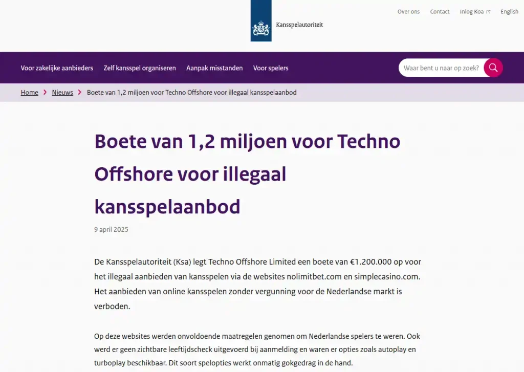 Officiële KSA-publicatie over Techno Offshore en simplecasino.com