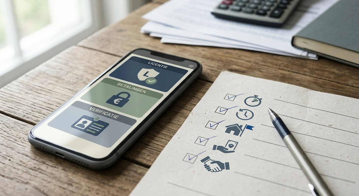 Redactionele illustratie van een Nederlandse casino review met controlelijst en mobiele weergave