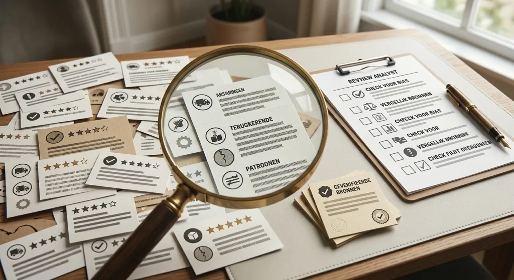 Redactionele illustratie van reviewanalyse met sterren, klachten en gecontroleerde bewijsniveaus